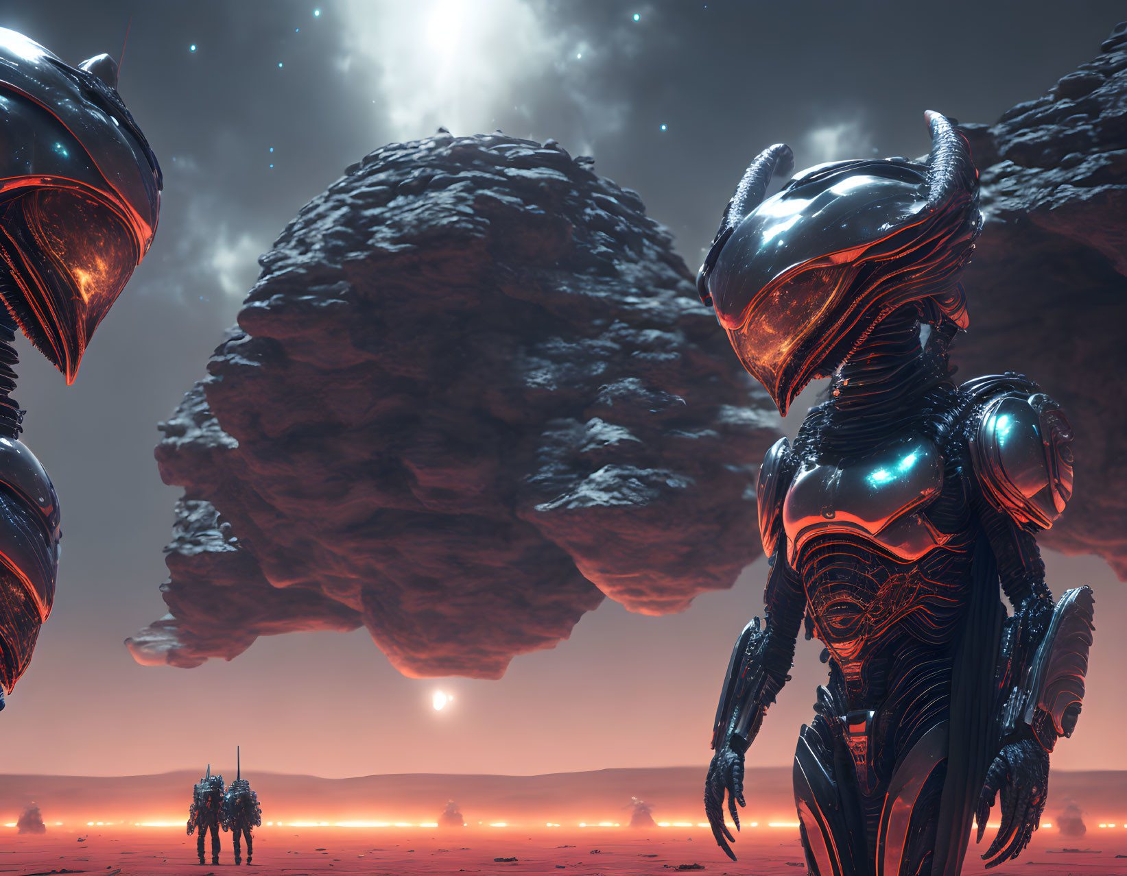 Armored humanoid figures on alien planet with floating rocks