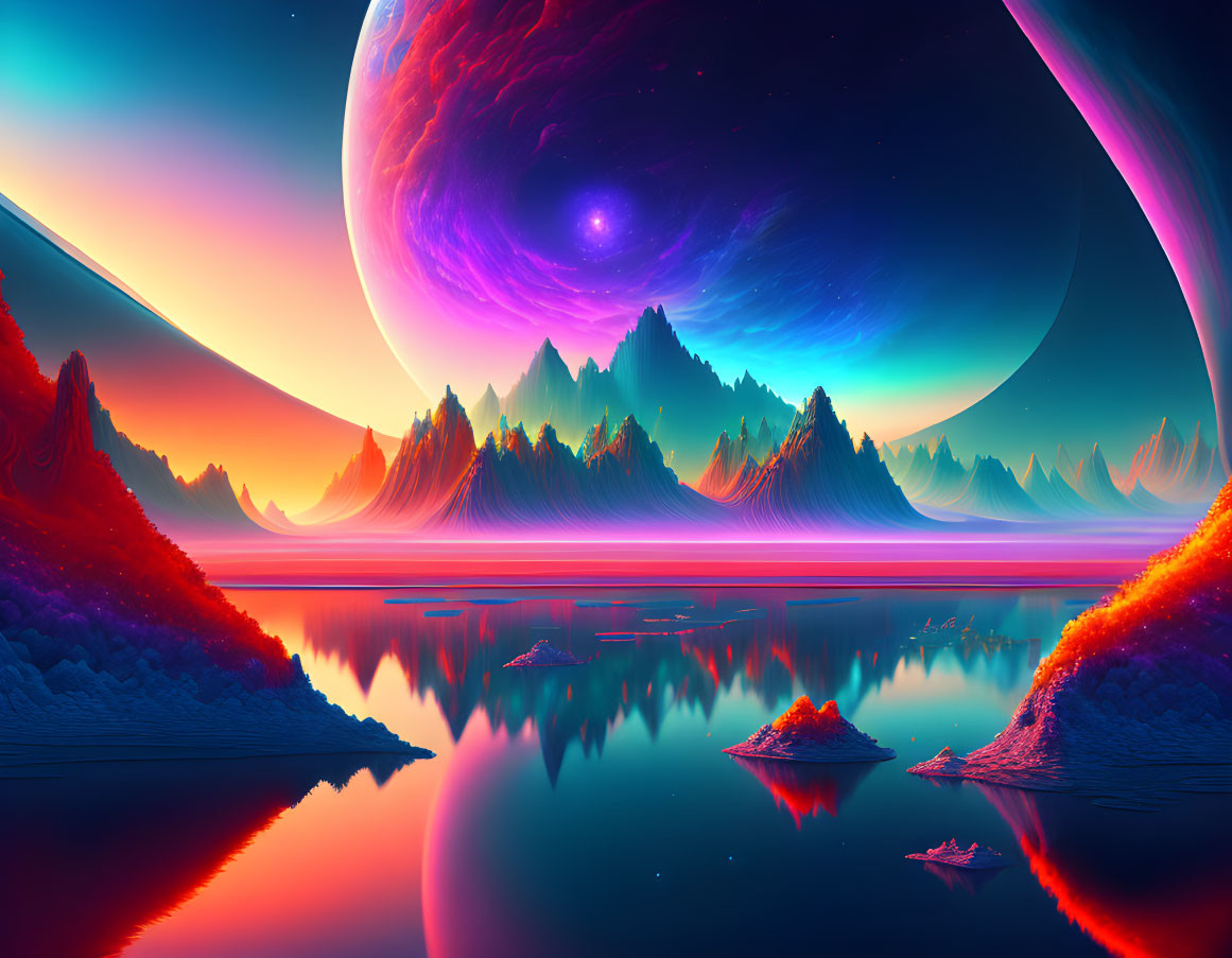 Colorful surreal landscape with mountains, water reflections, and large planet