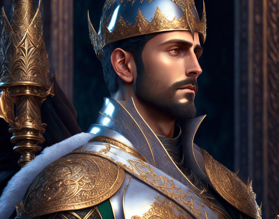 Detailed 3D illustration: Noble king in gold crown & ornate white/gold armor