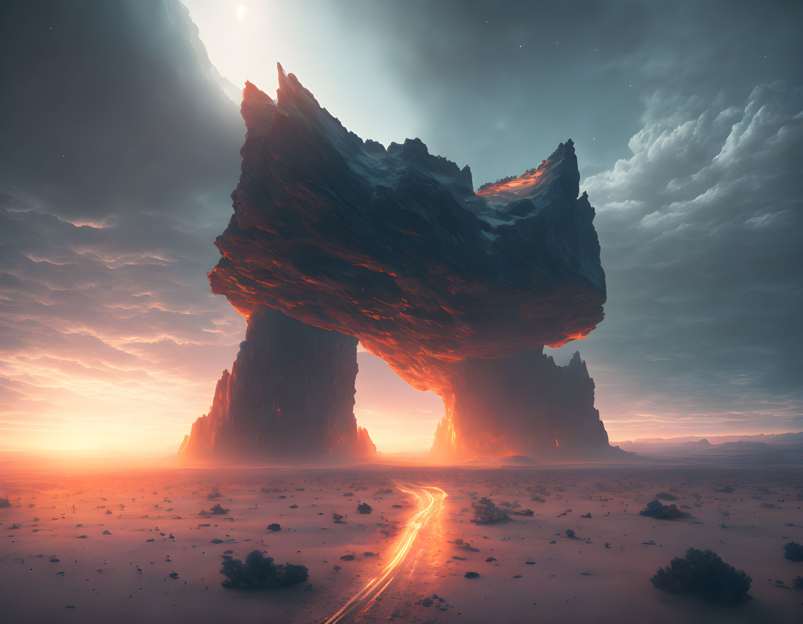 Glowing fissure in massive floating rock above desert landscape at sunset