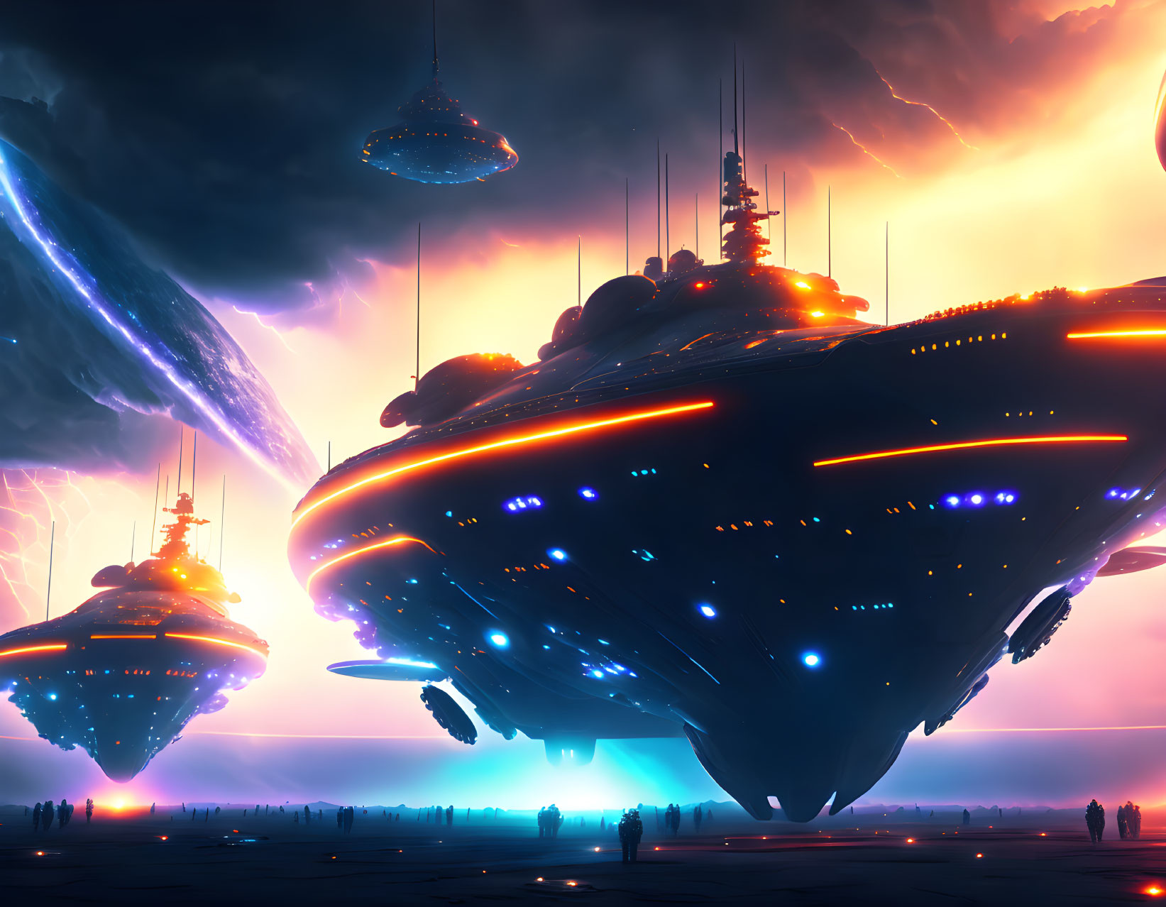 Futuristic spaceships over ground base in dramatic sky