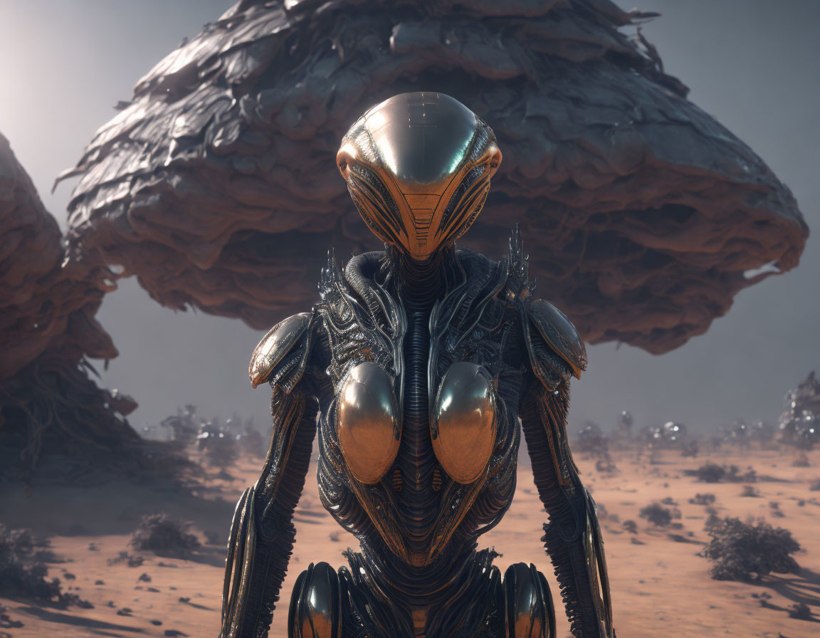 Futuristic alien robot in glossy armor on desert landscape