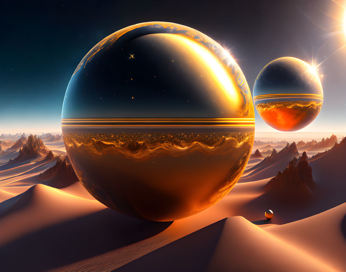 Surreal landscape with sand dunes, hovering spheres, and distant planet in twilight