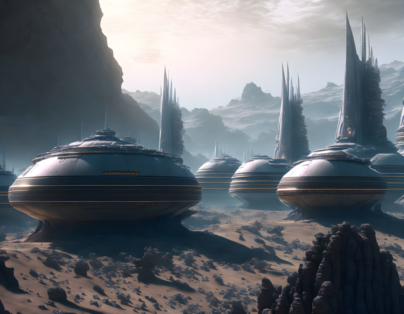 Dome-shaped structures and spires in futuristic desert city