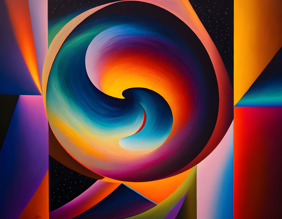 Vibrant abstract painting with cosmic swirls and geometric shapes