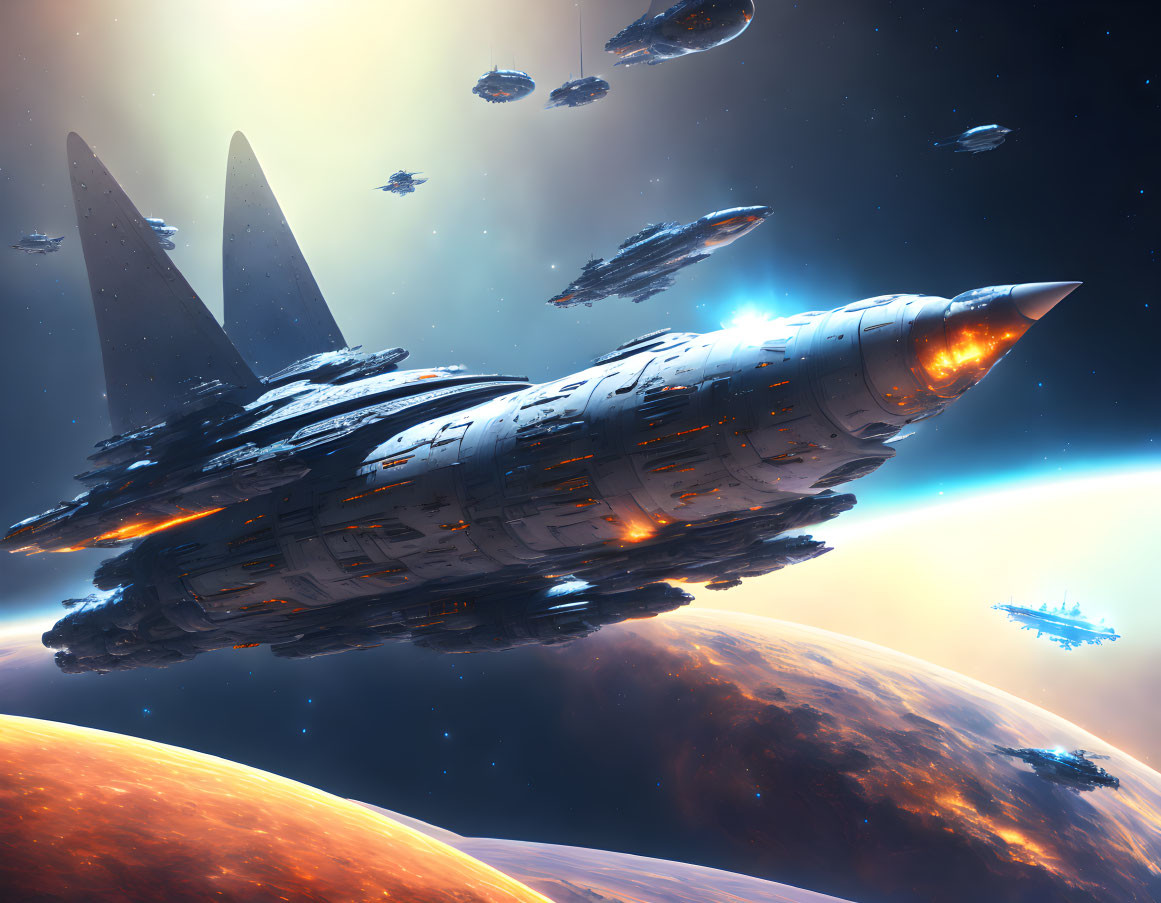 Futuristic spaceships near orange planet in space scene