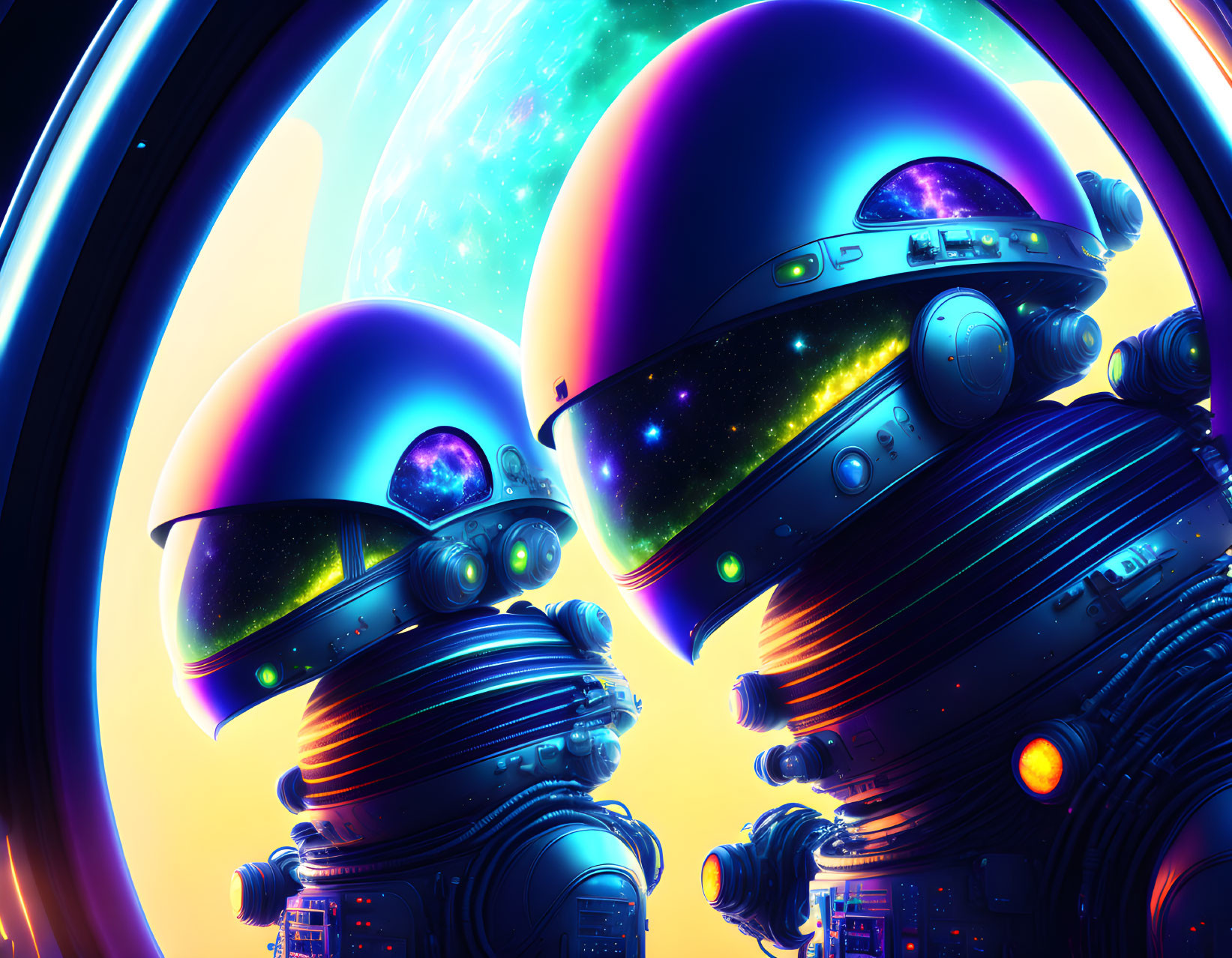 Futuristic astronauts with vibrant galaxy helmets in cosmic setting