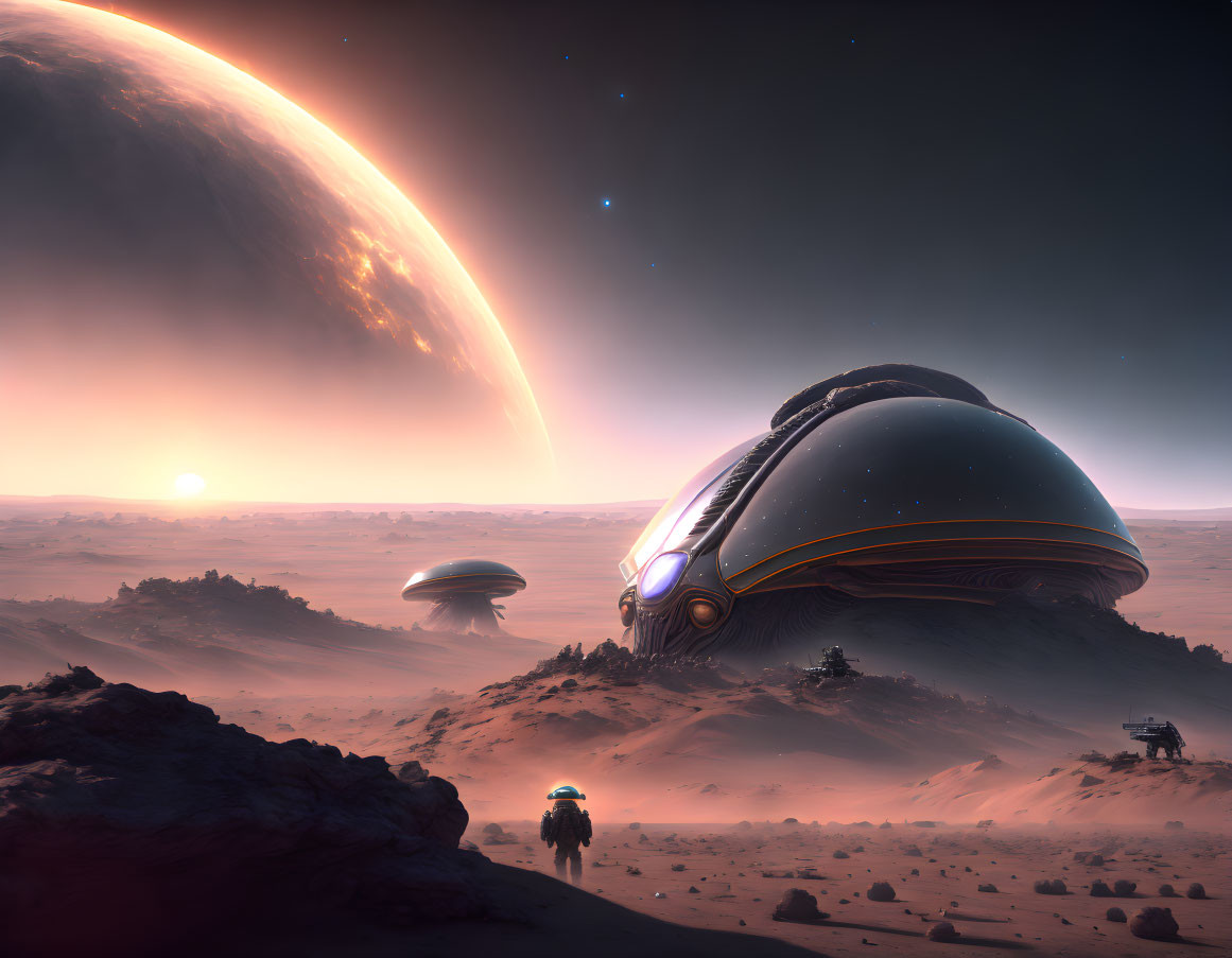 Spaceships landing on desert alien planet with massive planet in sky