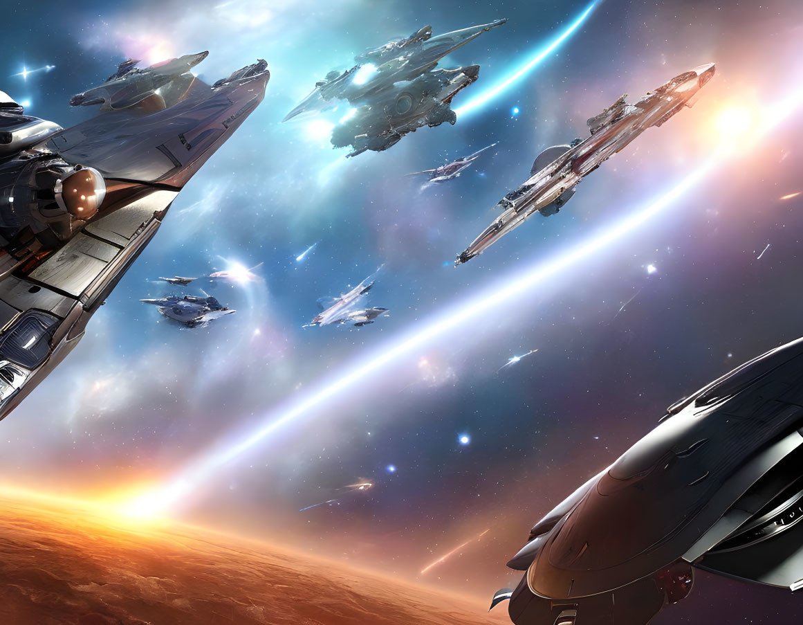 Futuristic spacecraft fleet in cosmic space scene