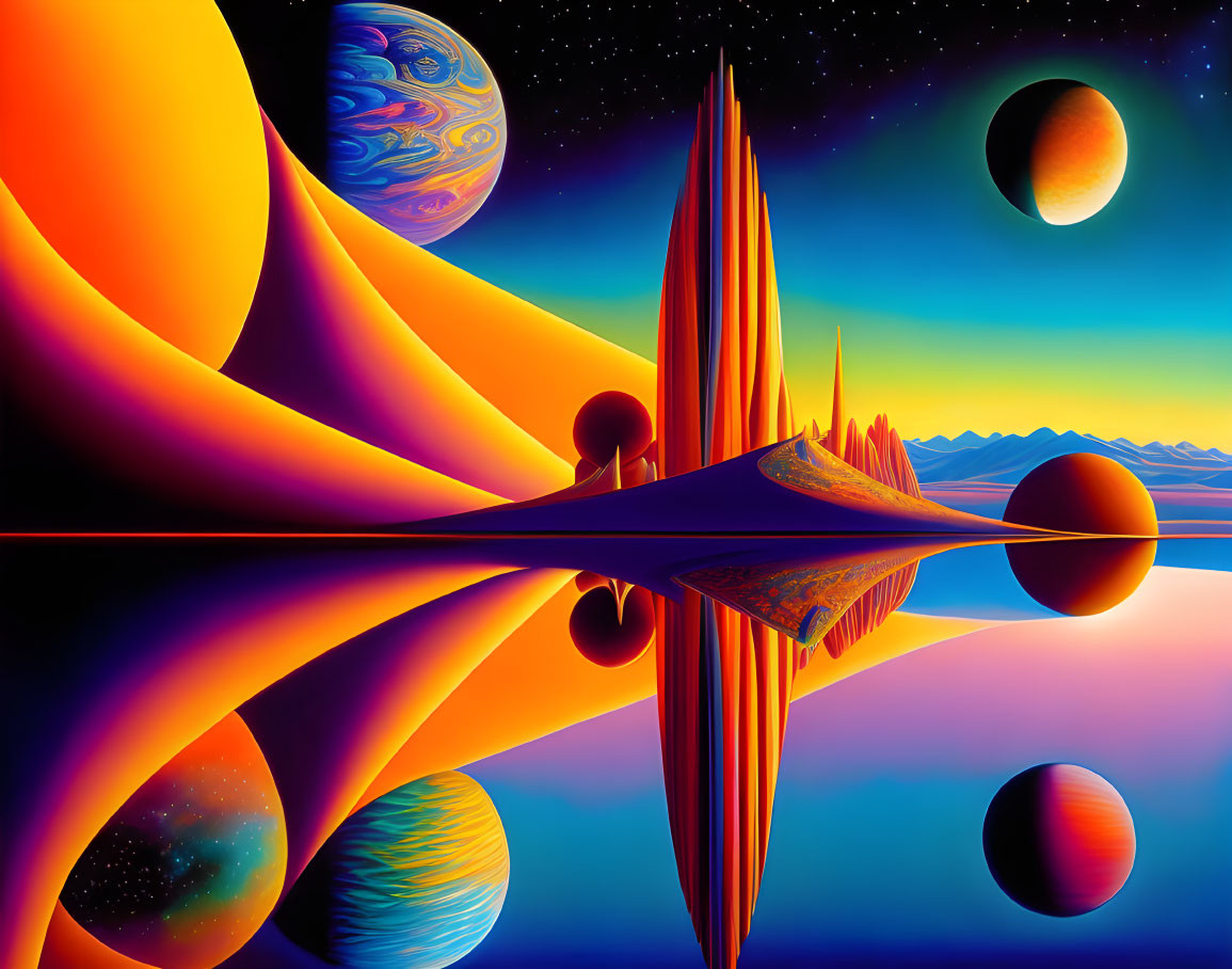 Colorful surrealistic space landscape with celestial bodies and abstract structures