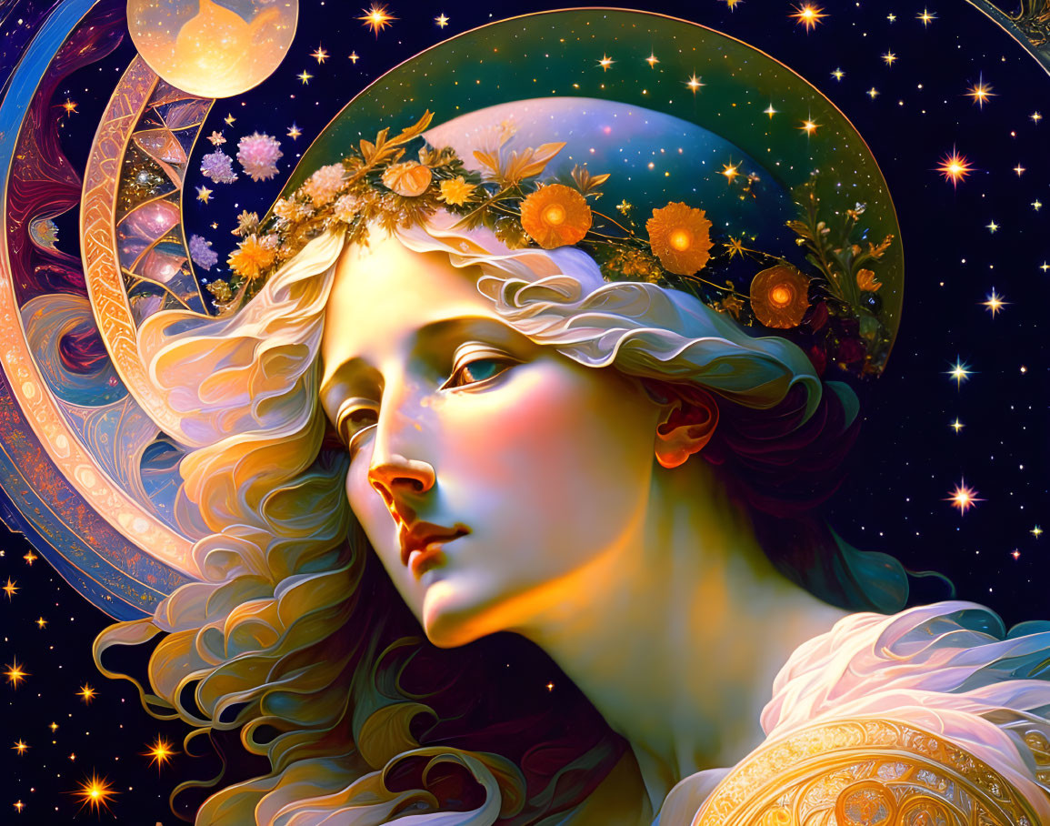 Celestial-themed artwork: Woman with floral crown among stars