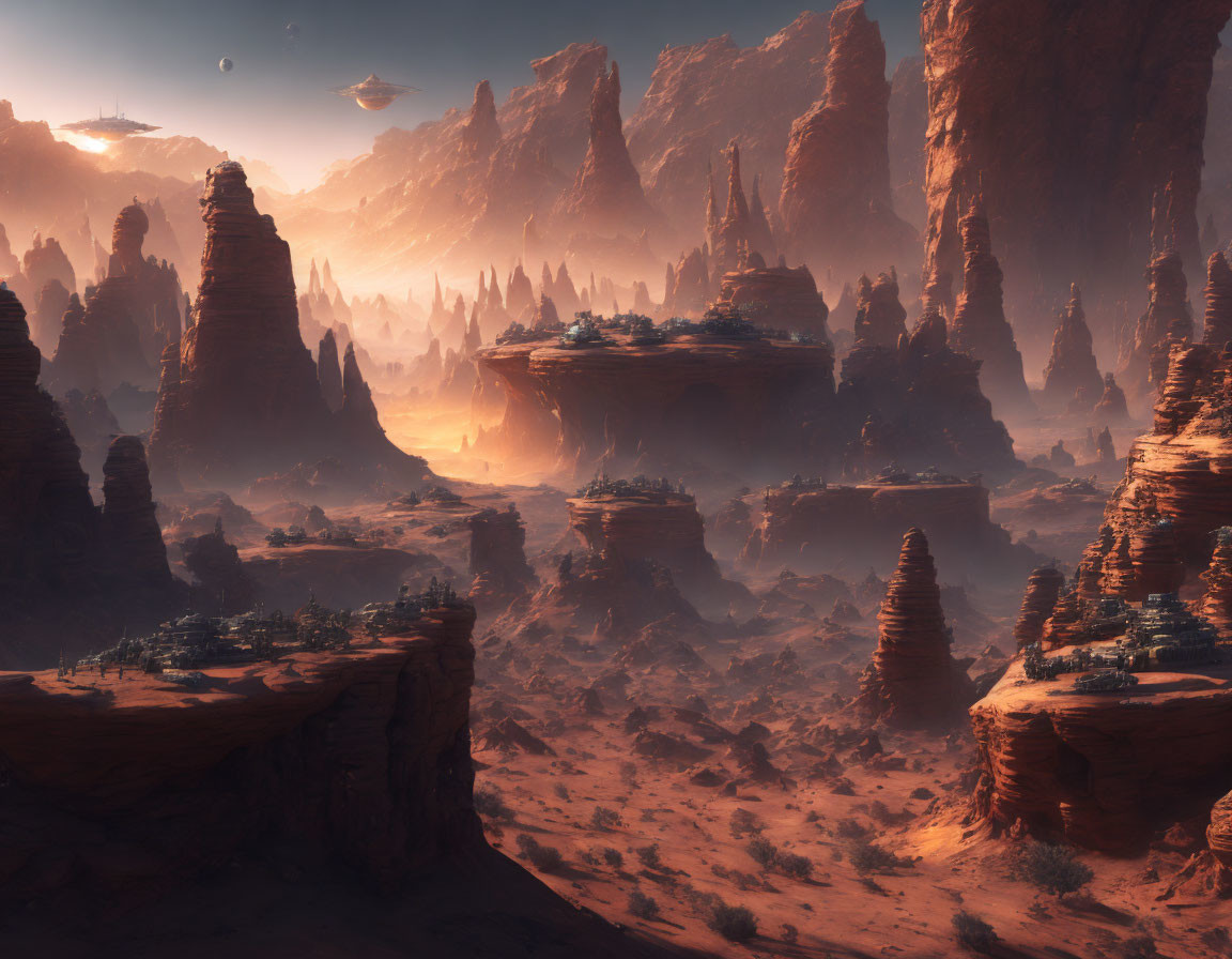 Alien desert landscape with red rock formations and futuristic structures.