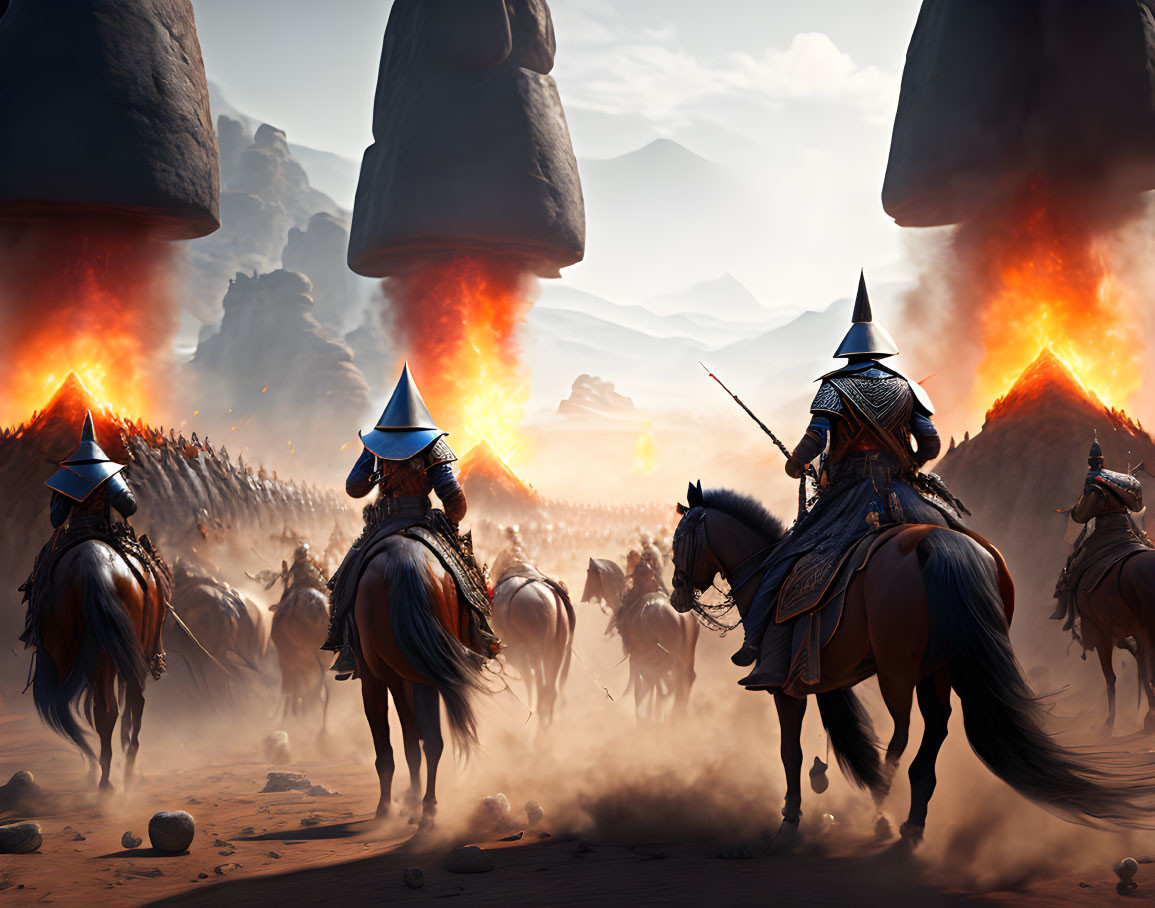 Armored warriors on horseback in desert with floating rocks & eruptions