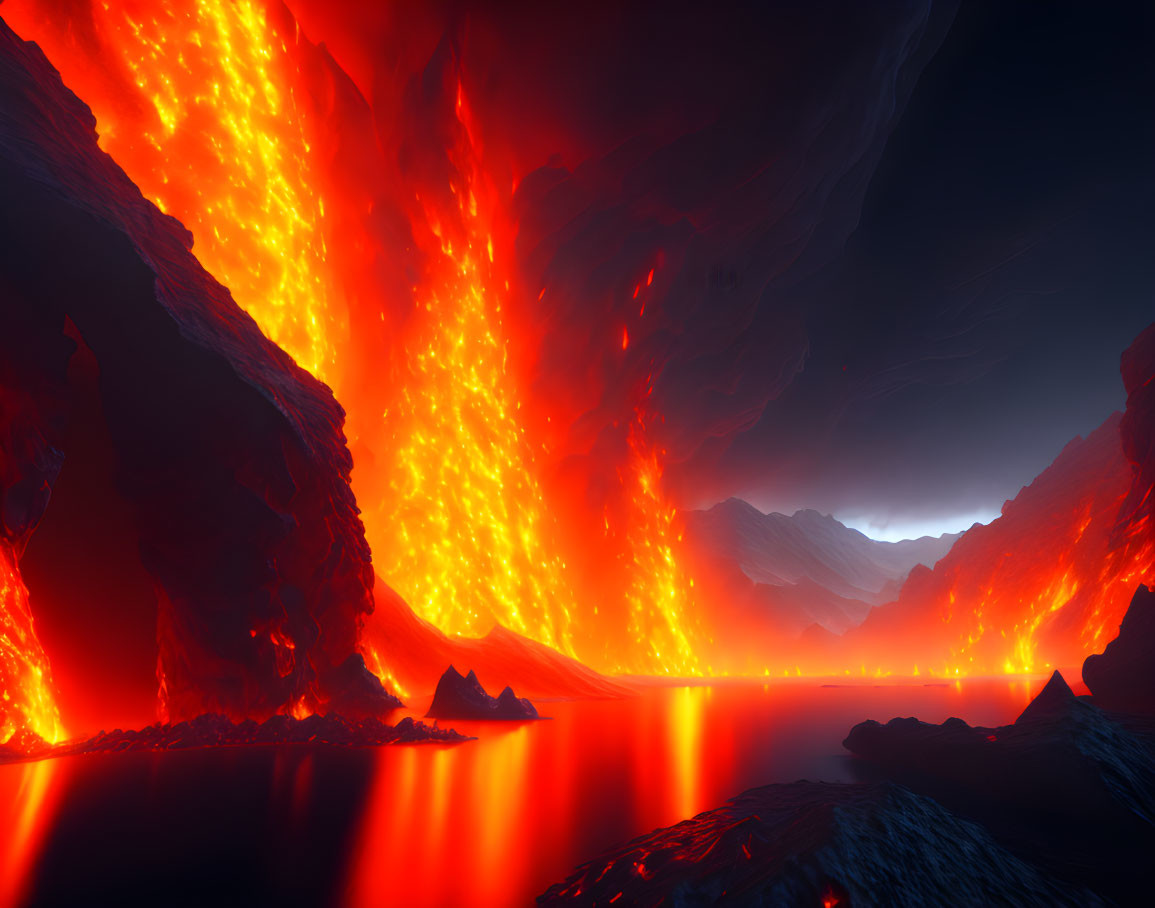 Nighttime volcanic landscape with glowing lava flows against dark sky