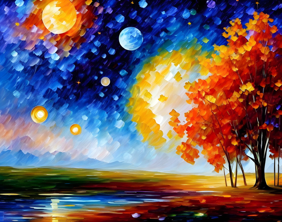 Colorful autumn tree by reflective lake under whimsical night sky