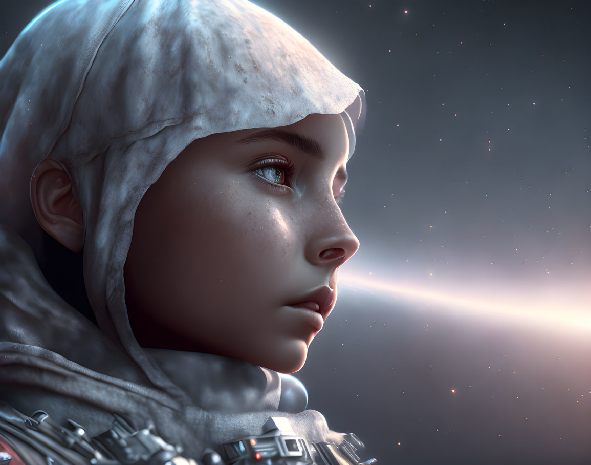 Young astronaut in space helmet gazing at distant star