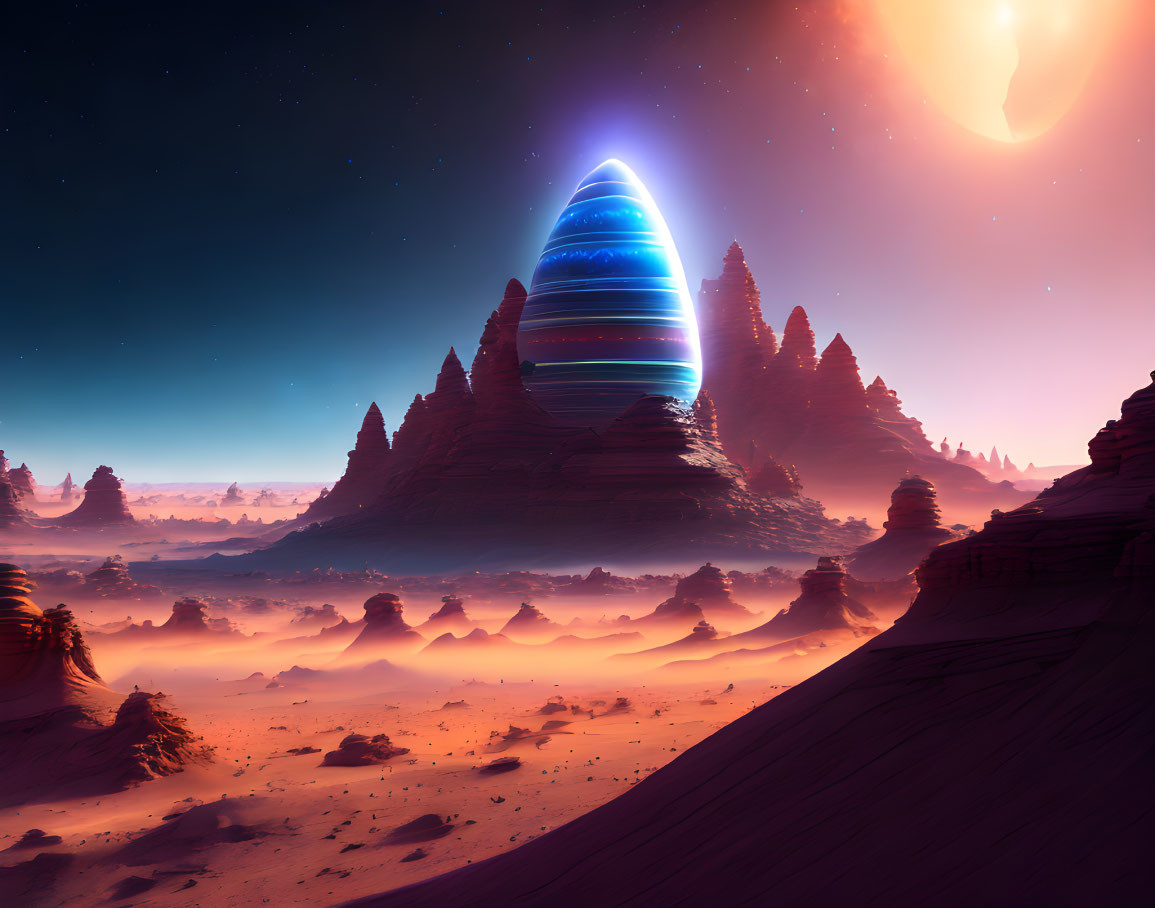 Surreal desert landscape with glowing egg-shaped object and close planet