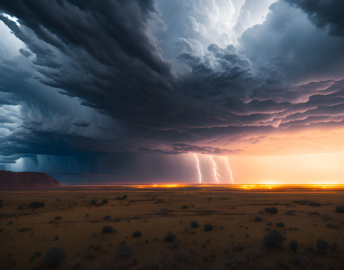 Dramatic landscape with storm clouds, rainfall, lightning, and sunset-lit horizon.