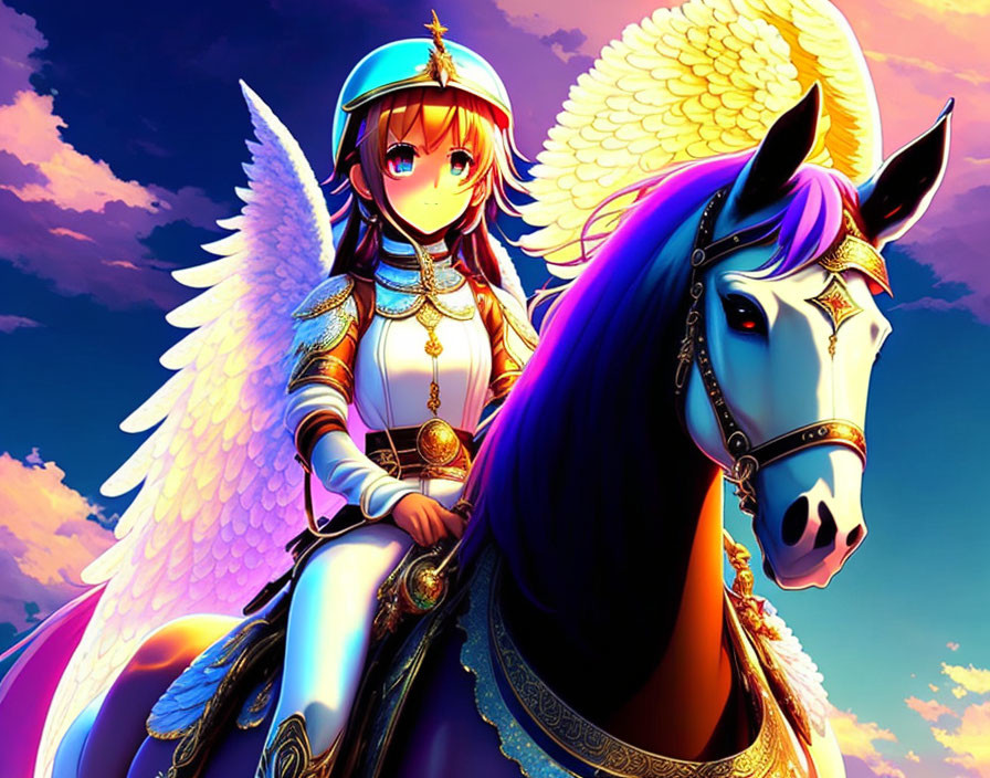 Animated knight in blue and white armor on horse at sunset