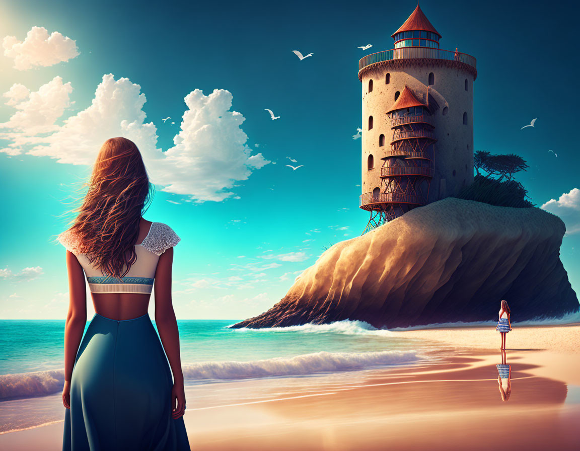 Woman in Blue Dress on Sandy Beach Near Old Tower and Flying Birds