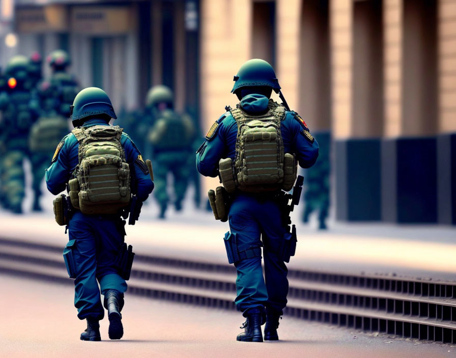 Three armed personnel in blue gear on urban street.