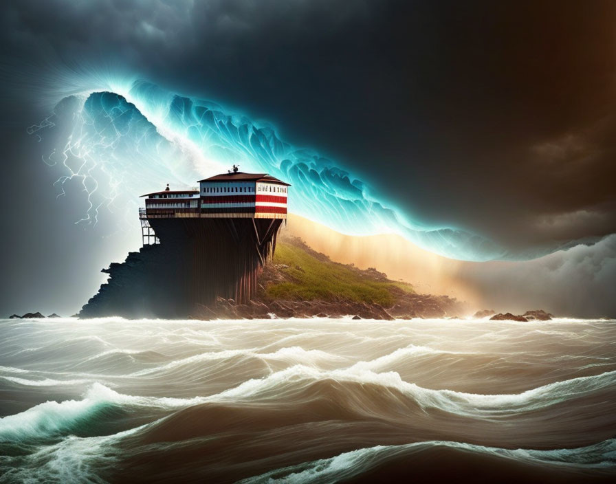 Dramatic seascape with cliff-top building, stormy sky, and intense lighting