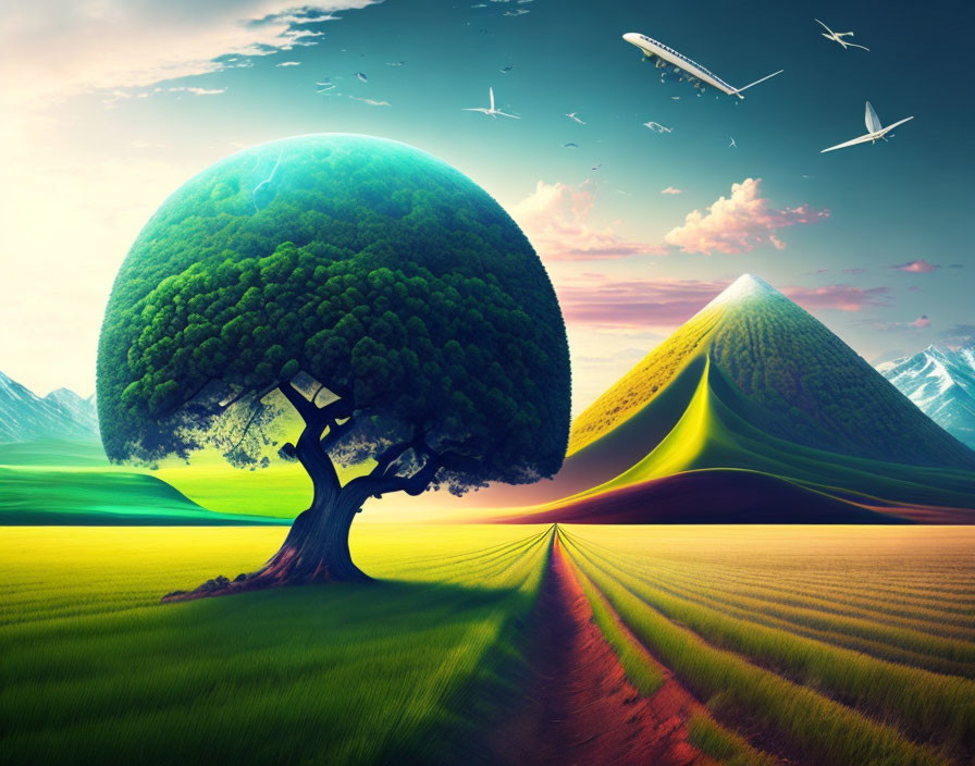 Surreal landscape with globe-shaped tree, green hills, birds, and airplane