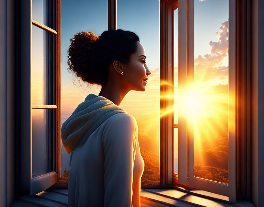 Contemplative woman gazes at vibrant sunrise from open window