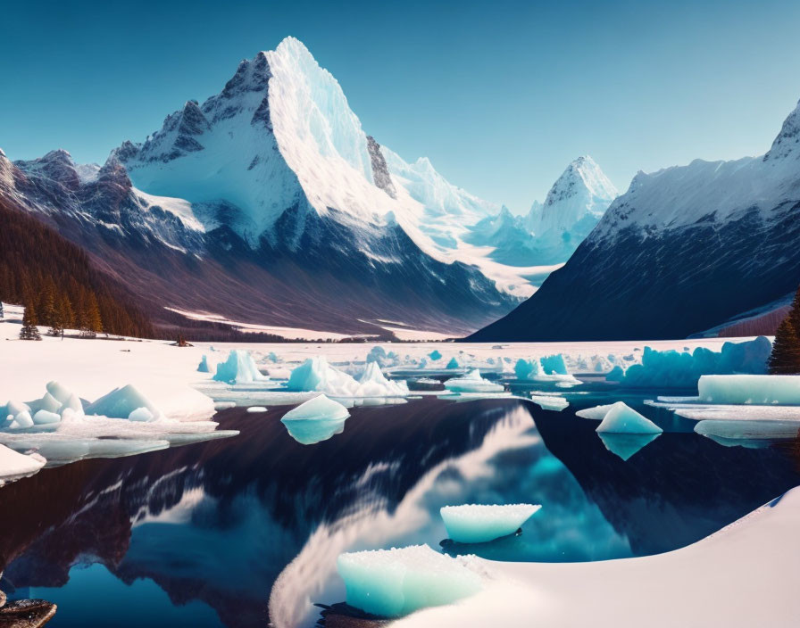 Snow-covered mountains and reflective lake with icebergs in serene landscape