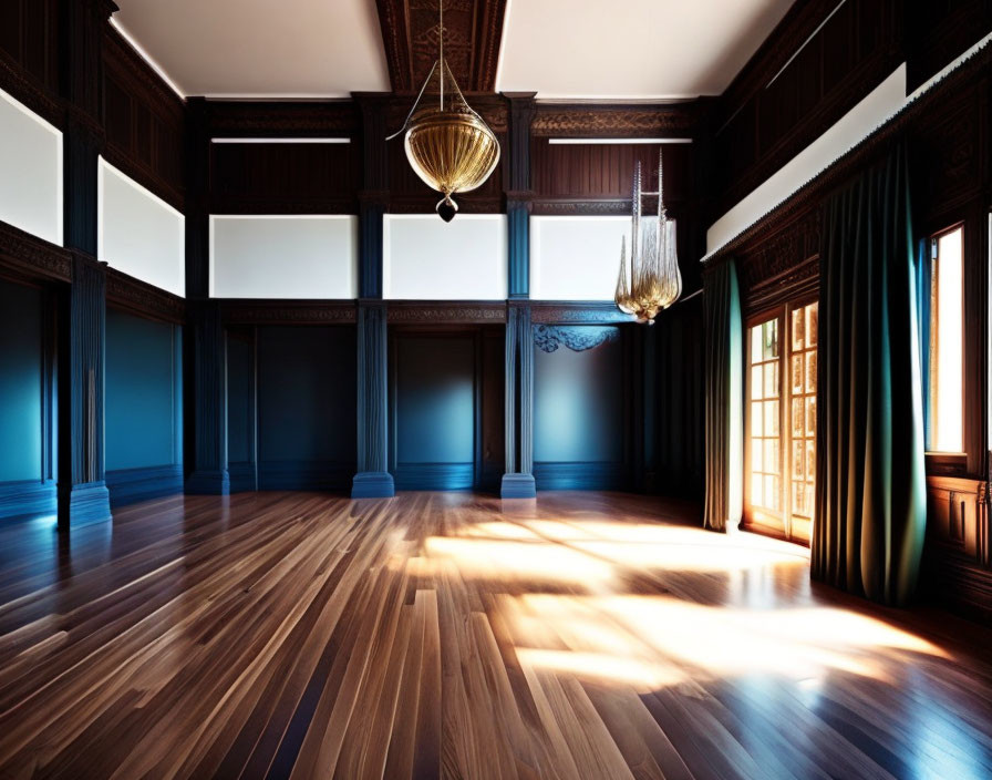 Dark-walled room with wooden floors, teal curtains, and chandeliers in natural light