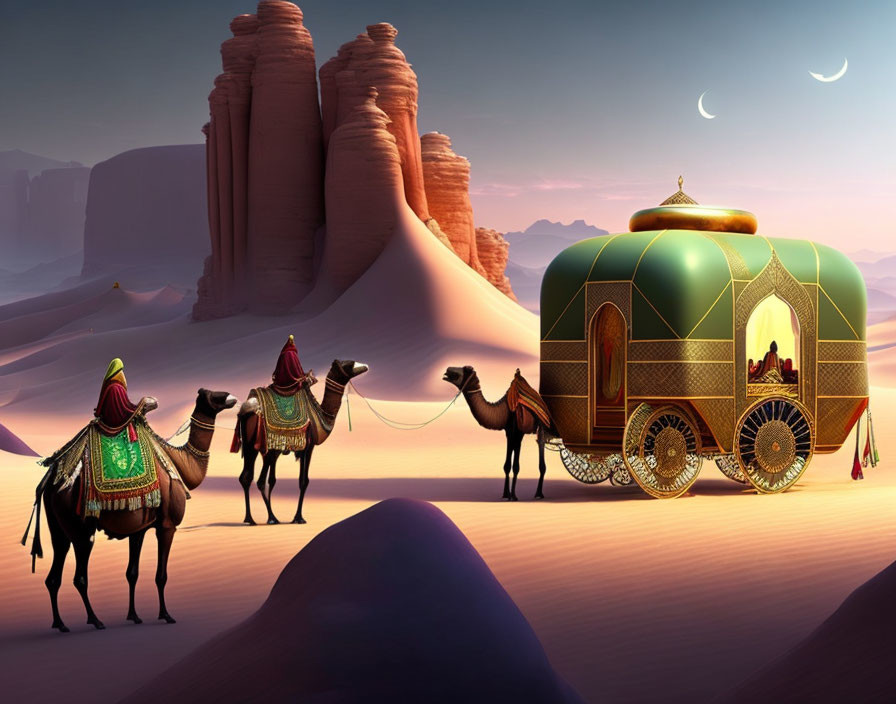 Adorned camels in desert caravan with crescent moon