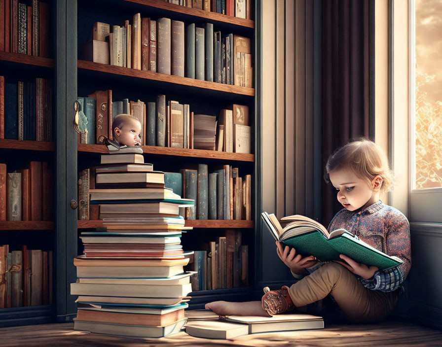 Young child reading large green book next to tall stack under sunny window