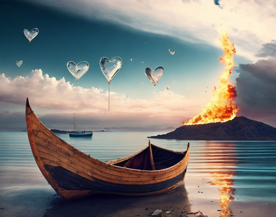 Surreal wooden boat on calm shore with heart-shaped balloons and burning mountain under dramatic cloudscape