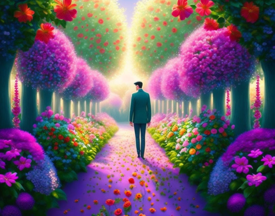 Man in suit strolling down flower-lined path towards bright light