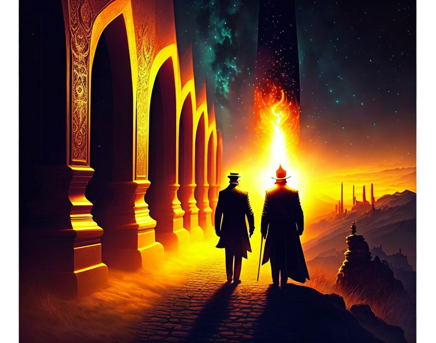 Silhouetted figures walking under star-filled sky near ornate pillars.