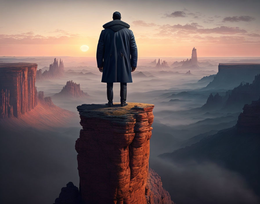 Person standing on towering rock formation overlooking misty canyon at sunrise