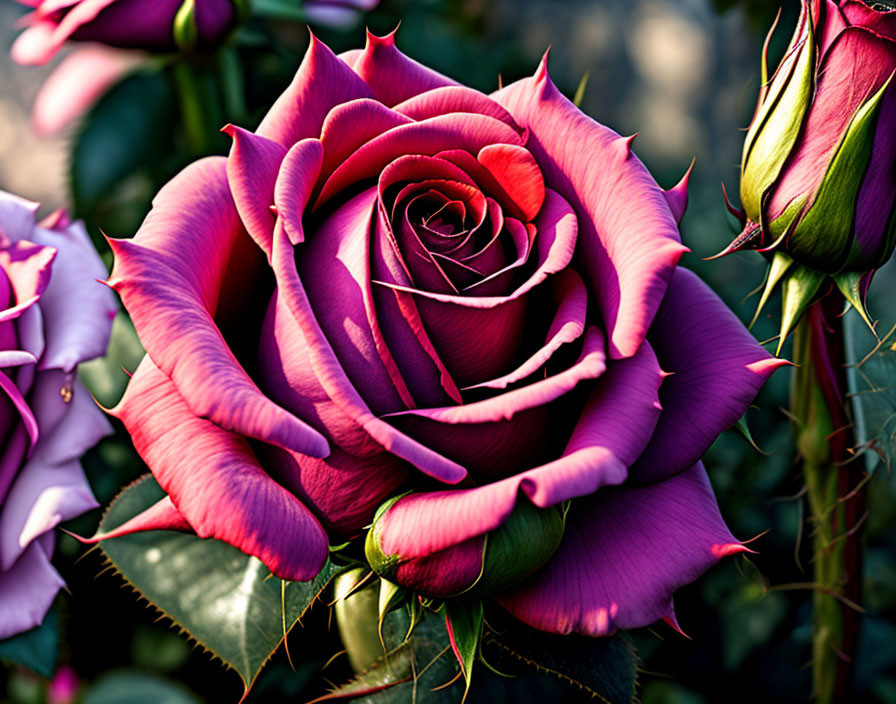 Close-up of Vibrant Pink and Crimson Rose with Swirling Petals and Rosebuds