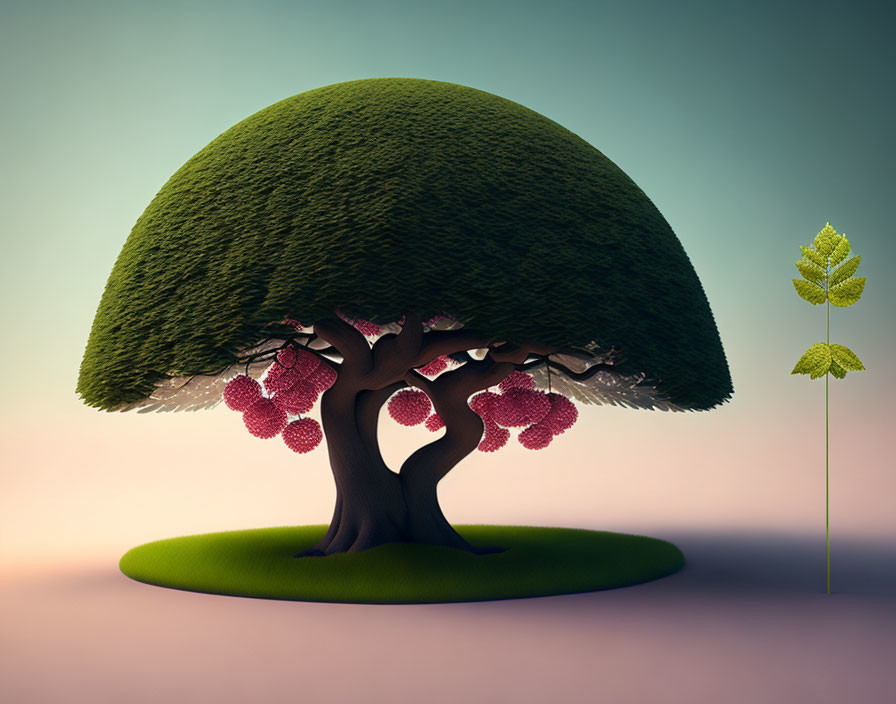 Stylized tree with lush canopy and raspberry-like fruits on soft-tone background