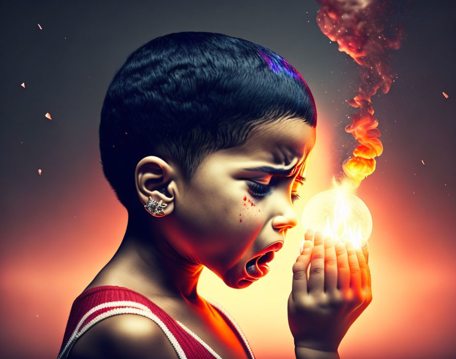 Child with Creative Hairstyle Holds Smoking Lightbulb on Fiery Background