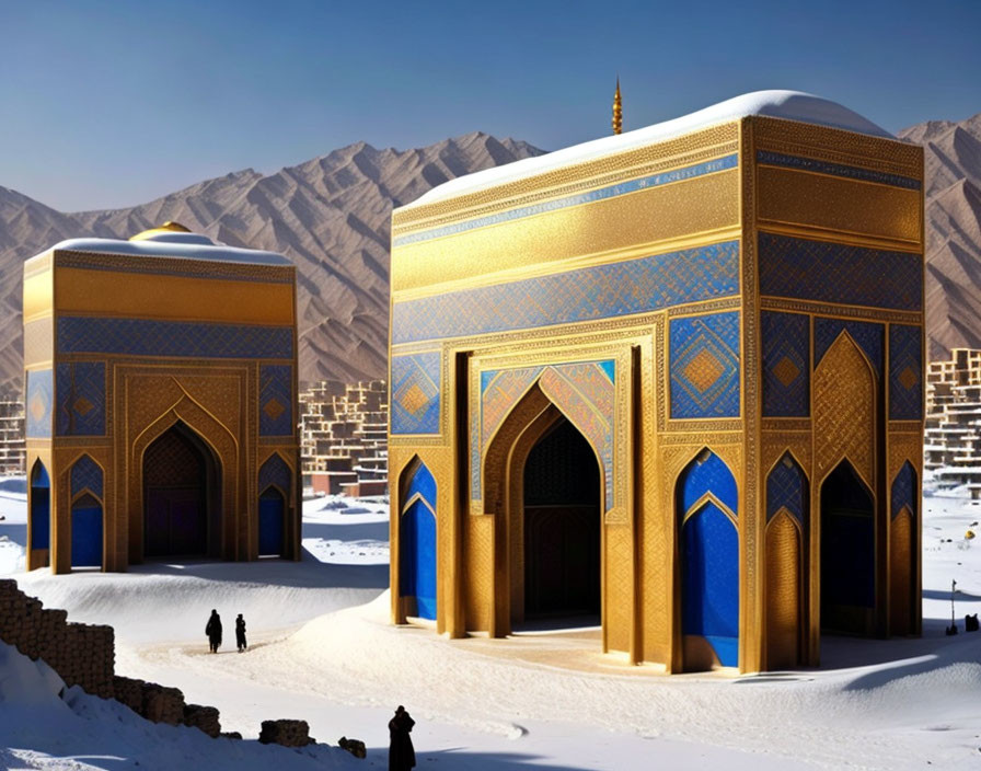 Ornate gold and blue buildings in snowy mountain landscape.