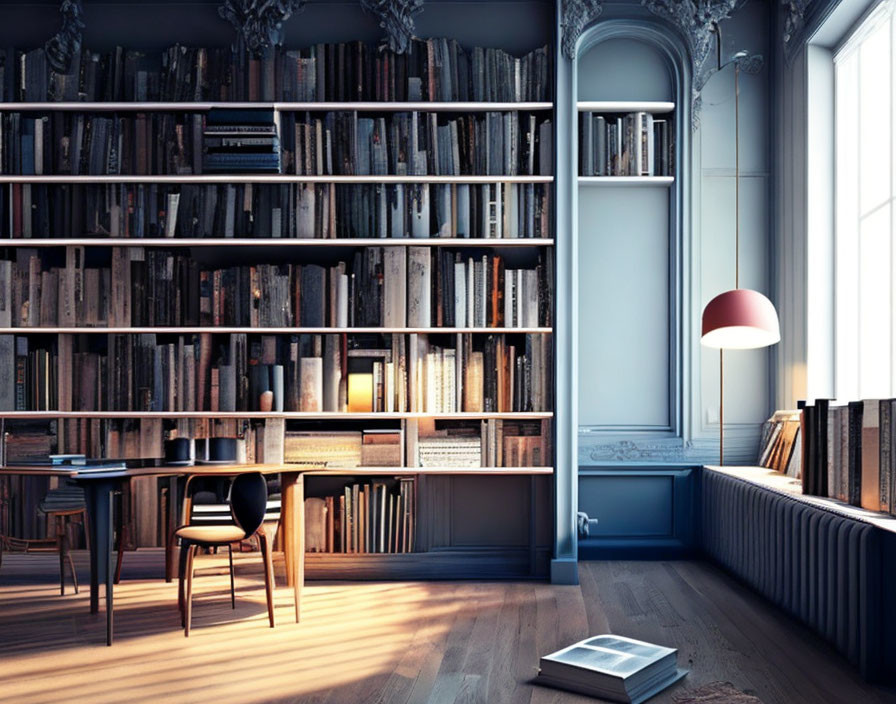 Sophisticated home library with floor-to-ceiling bookshelves and classic wooden desk