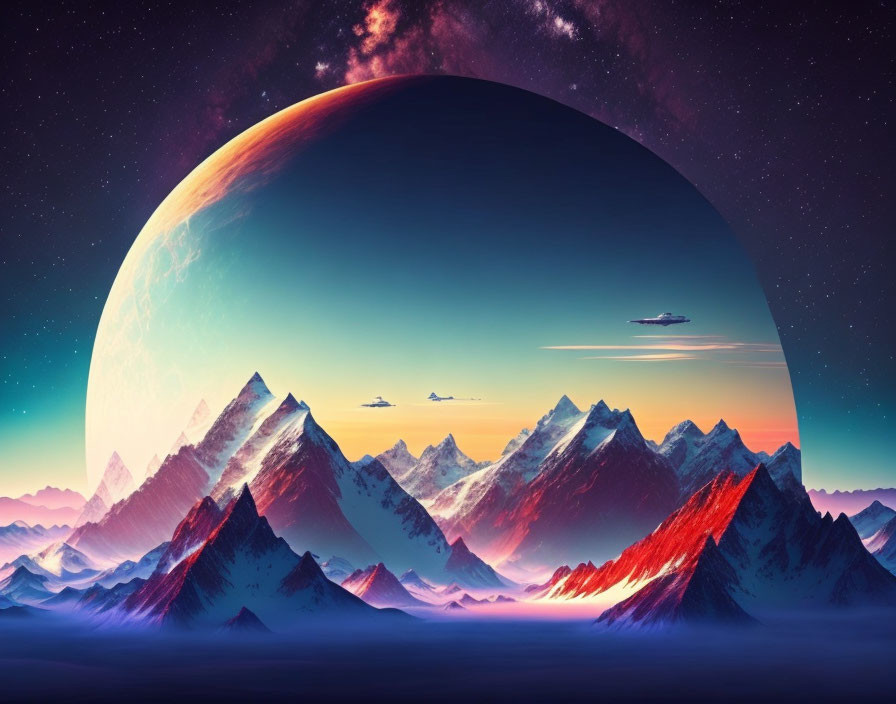 Sci-fi landscape with snow-capped mountains, starry sky, planet, and spaceships