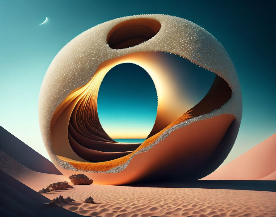 Surreal toroidal structure in desert with textured surface