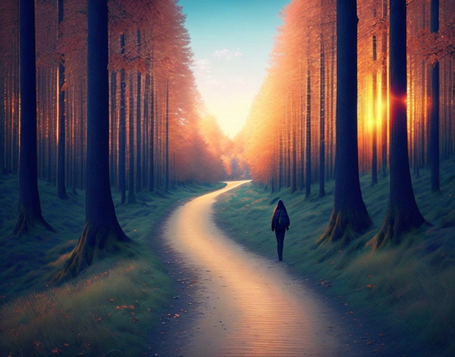 Figure walking down a winding path in tranquil forest at sunrise or sunset