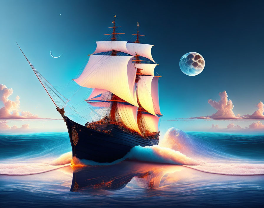 Sailing ship with white sails on the sea at sunset with moon and crescent shapes