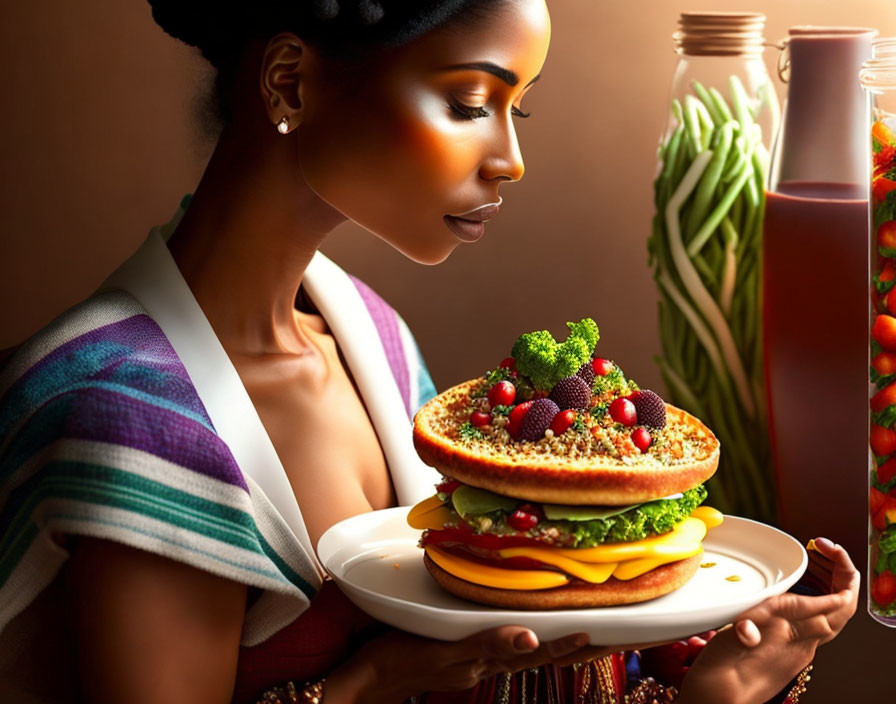 Colorful Veggie Burger Plate with Bottles of Juice in Warm Backlight