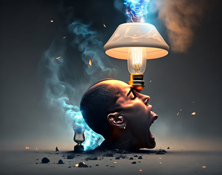 Surreal depiction of man's head emitting smoke forming lampshade flames