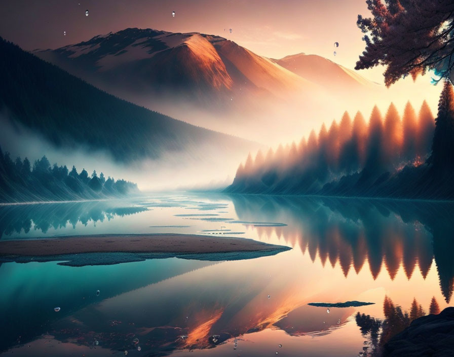 Scenic sunset lake with mirrored tree-lined shores and mountains at night