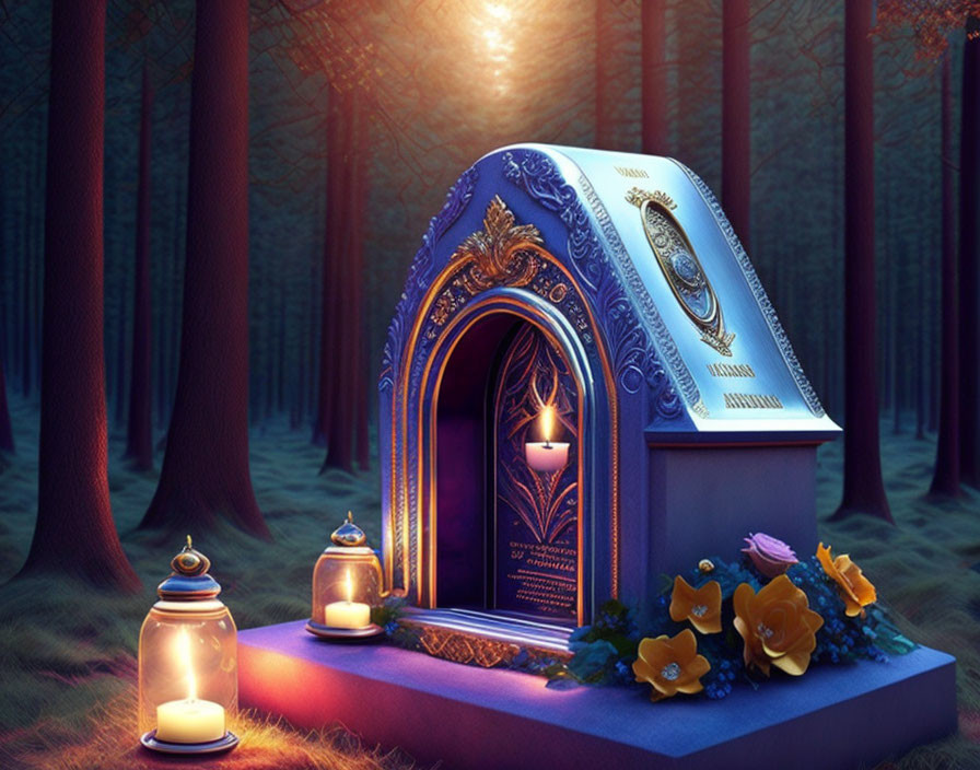 Blue fairy-tale book with glowing doorway in twilight forest, lanterns, yellow flowers