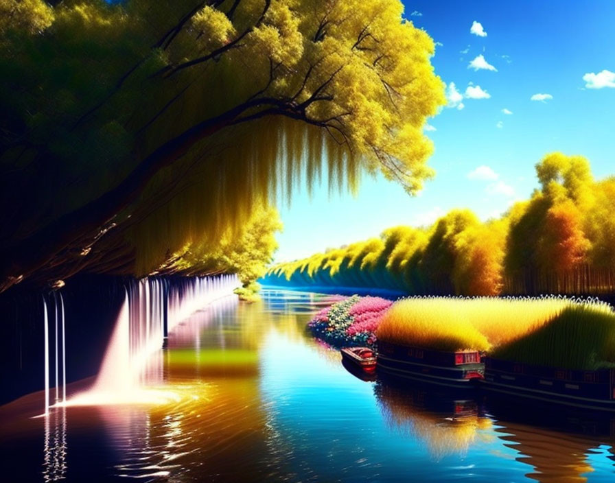 Colorful digital art: Serene river, waterfalls, lush trees, floral boats